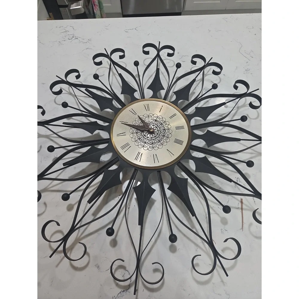 Elgin Mid Century Modern Black Wrought Iron Vintage Starburst Clock (working)
